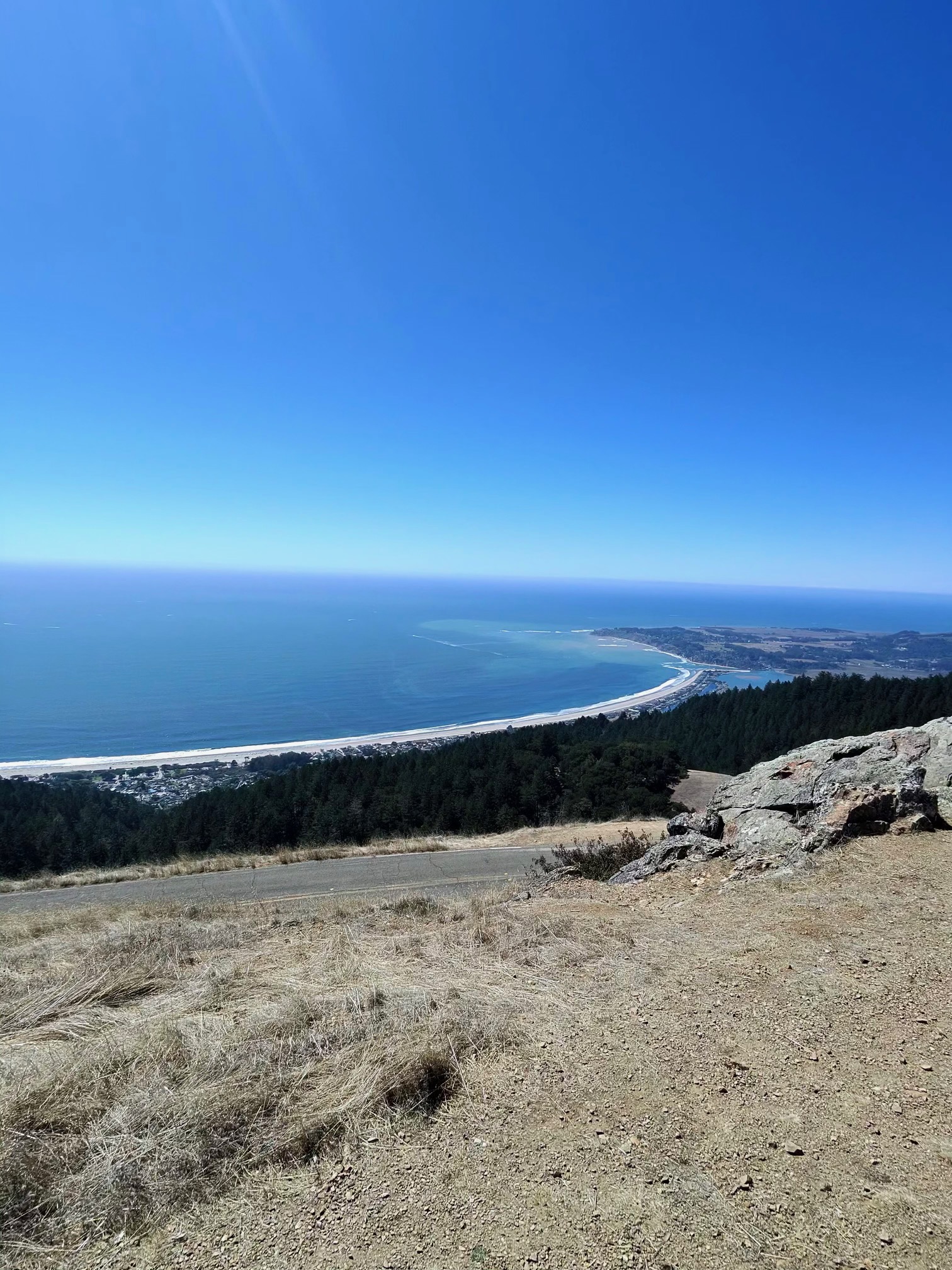 Stinson Beach and the Pacific Ocean seen from the hills above Marin